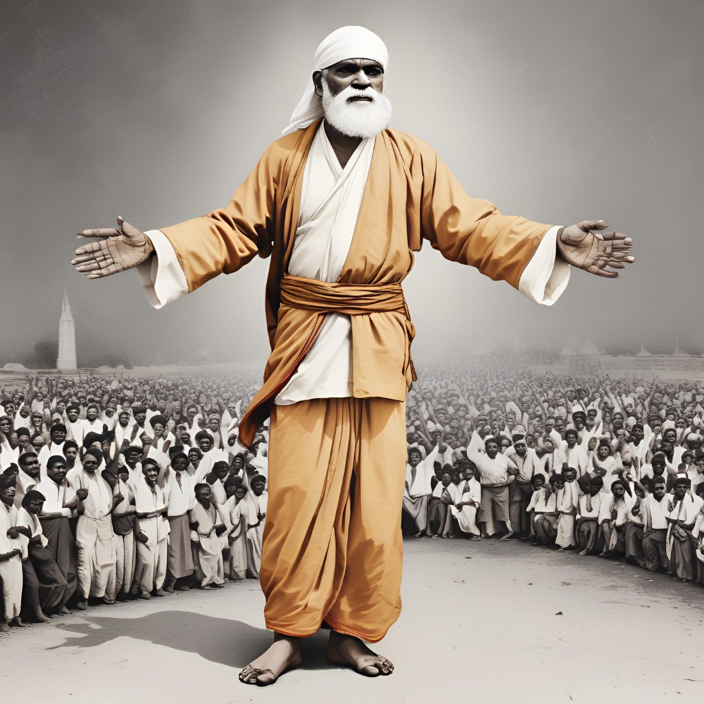 Sai Baba with arms open, ready to embrace and bless his followers.