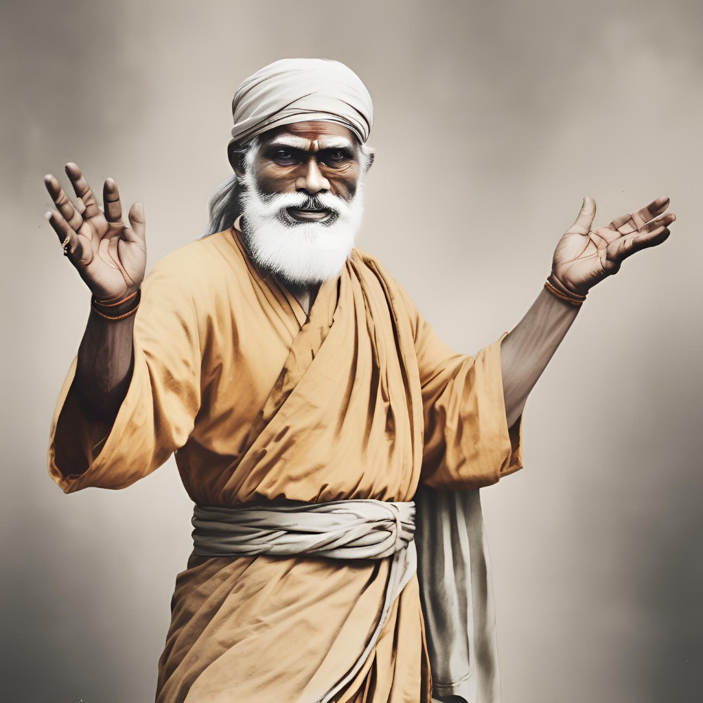 Sai Baba with arms open, ready to embrace and bless his followers.