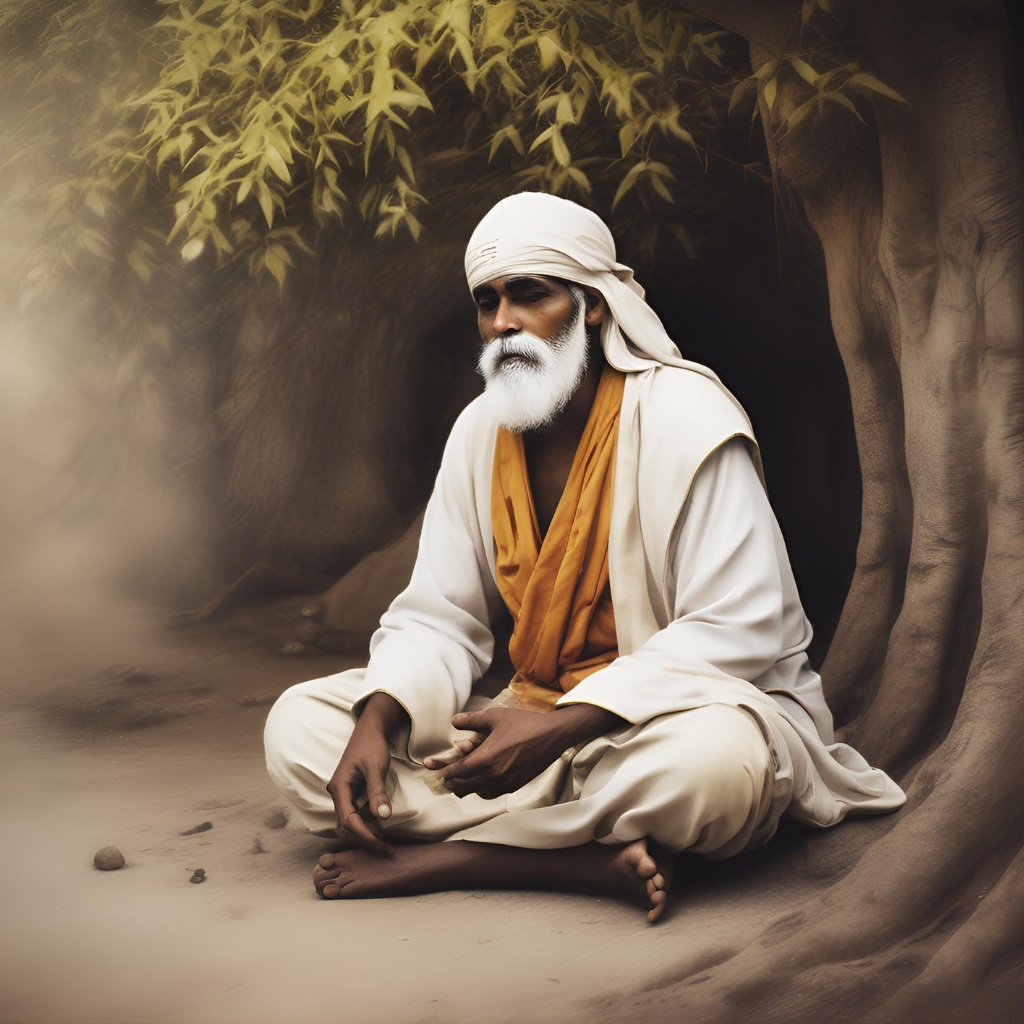 Shirdi Sai Baba meditating under a tree, radiating peace.