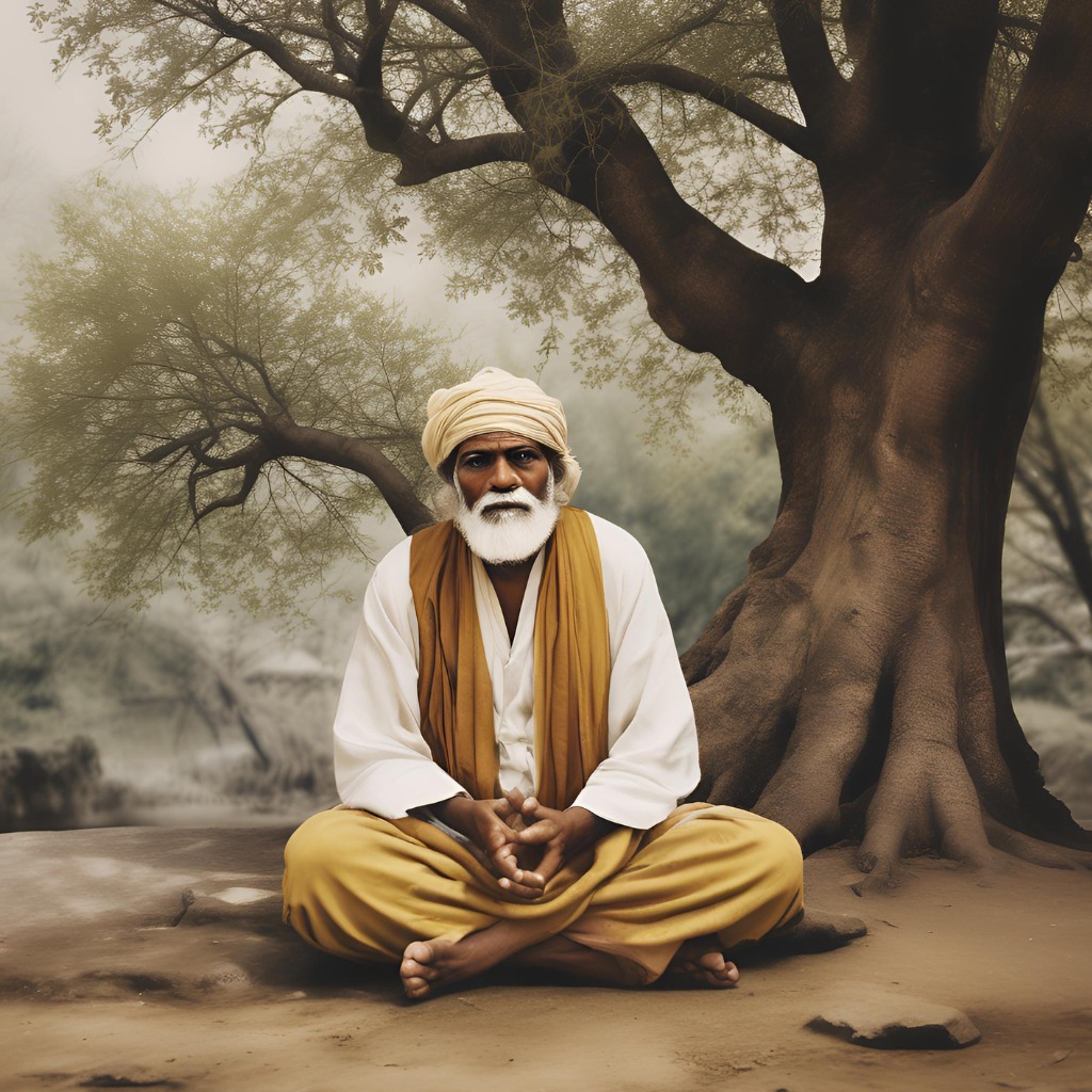 Shirdi Sai Baba meditating under a tree, radiating peace.