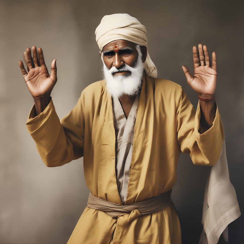 Shirdi Sai Baba standing in light, offering a blessing with a raised hand.