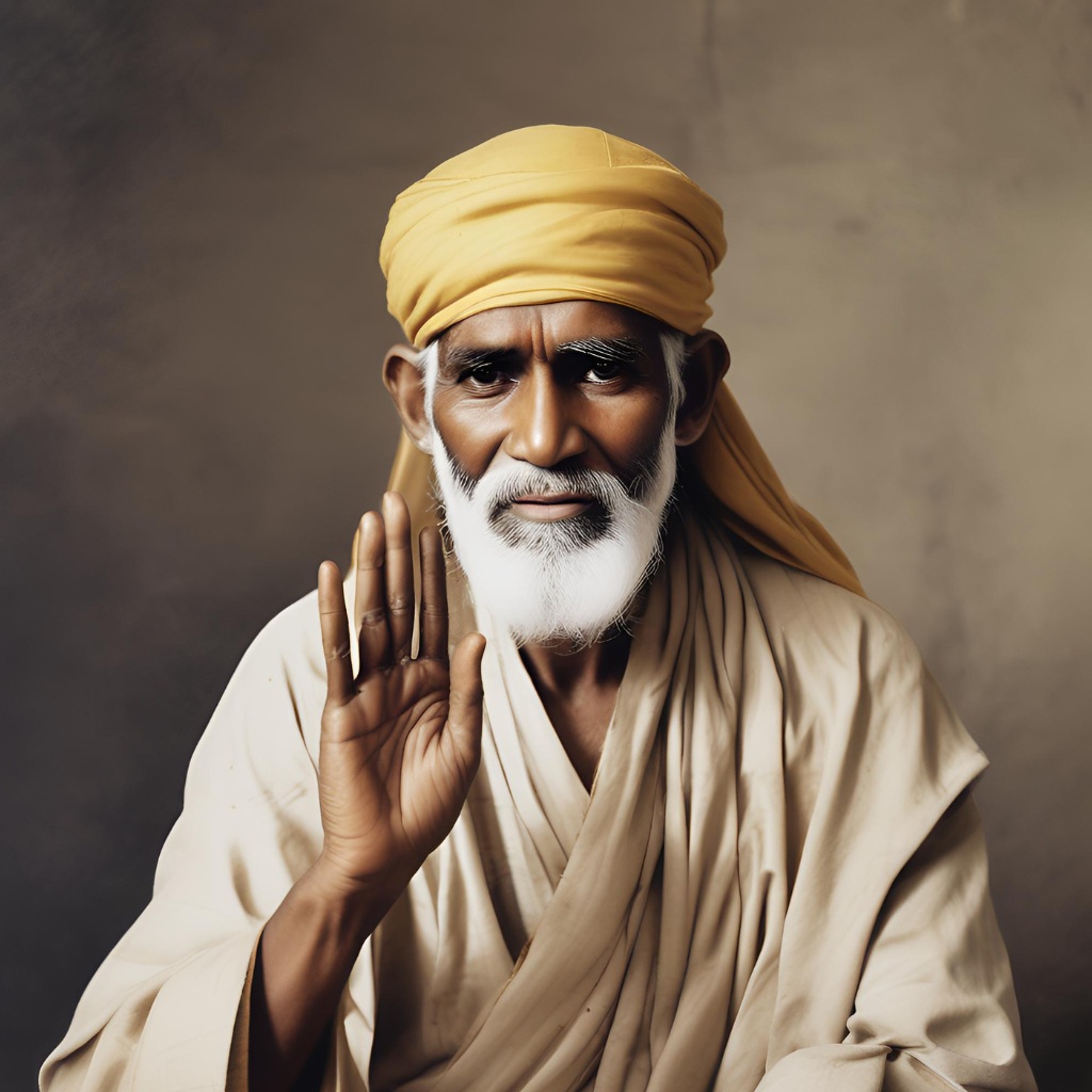 Shirdi Sai Baba standing in light, offering a blessing with a raised hand.