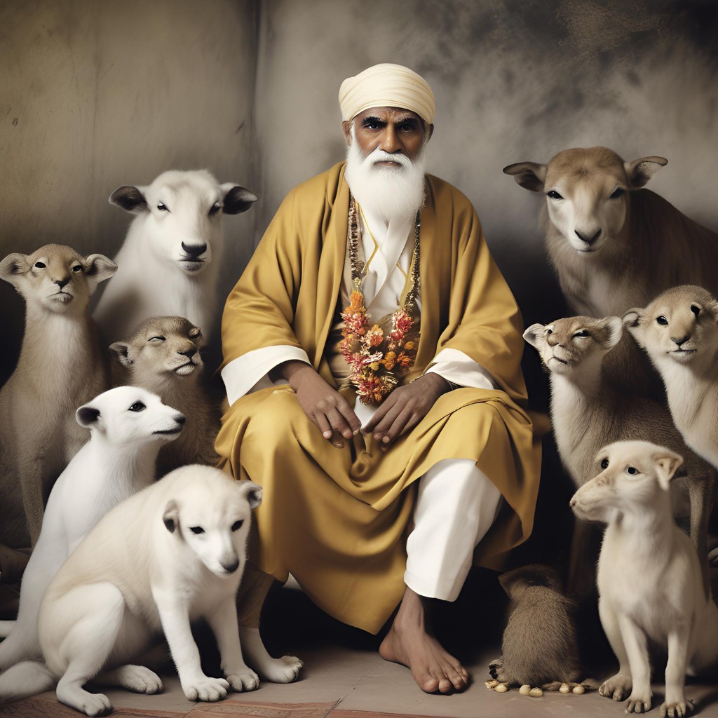 Shirdi Sai Baba surrounded by various animals, expressing his compassion.
