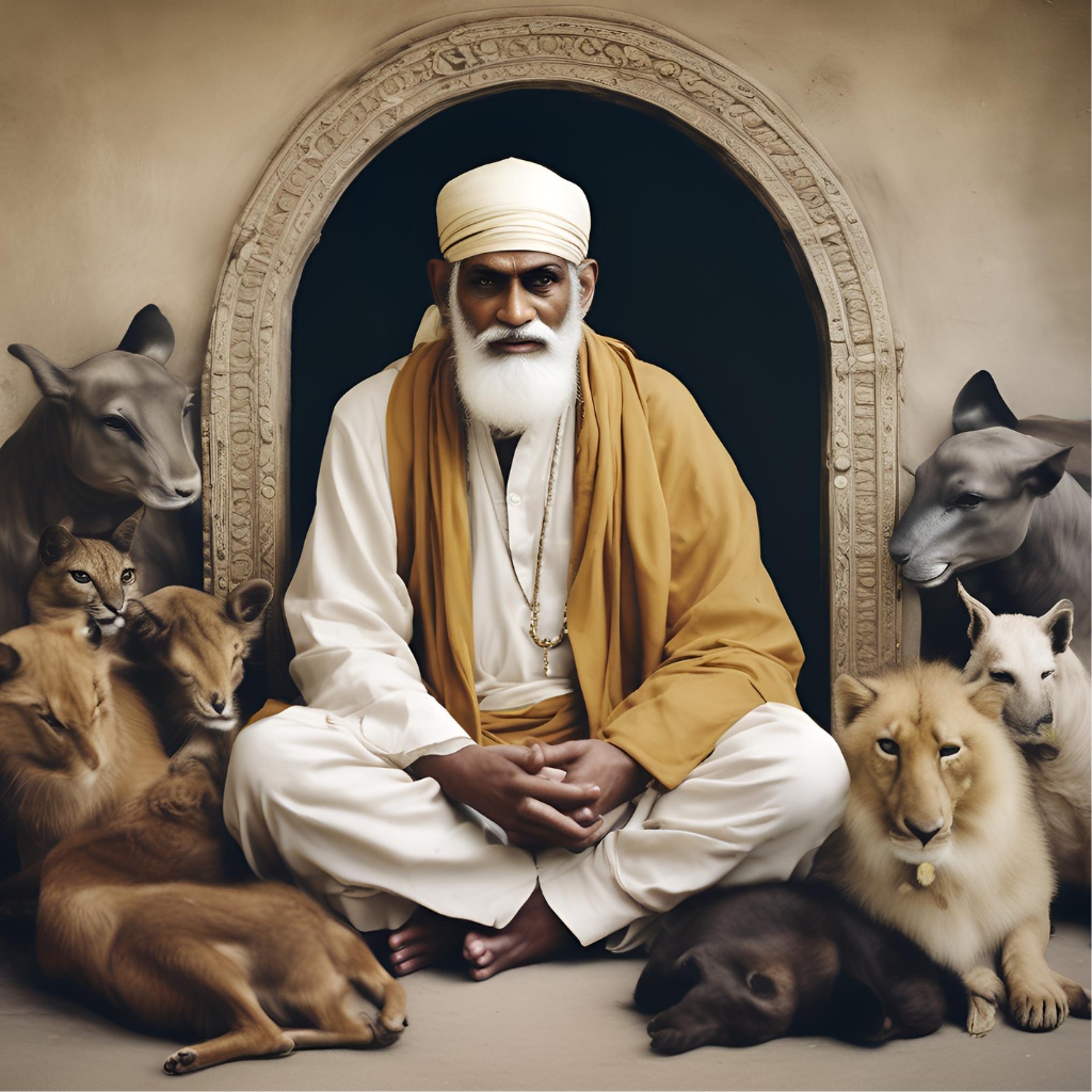 Shirdi Sai Baba surrounded by various animals, expressing his compassion.