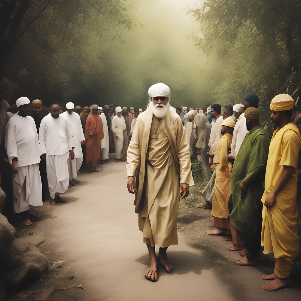 Shirdi Sai Baba walking with devotees in a peaceful garden.