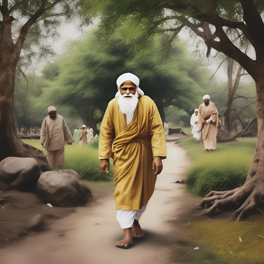 Shirdi Sai Baba walking with devotees in a peaceful garden.