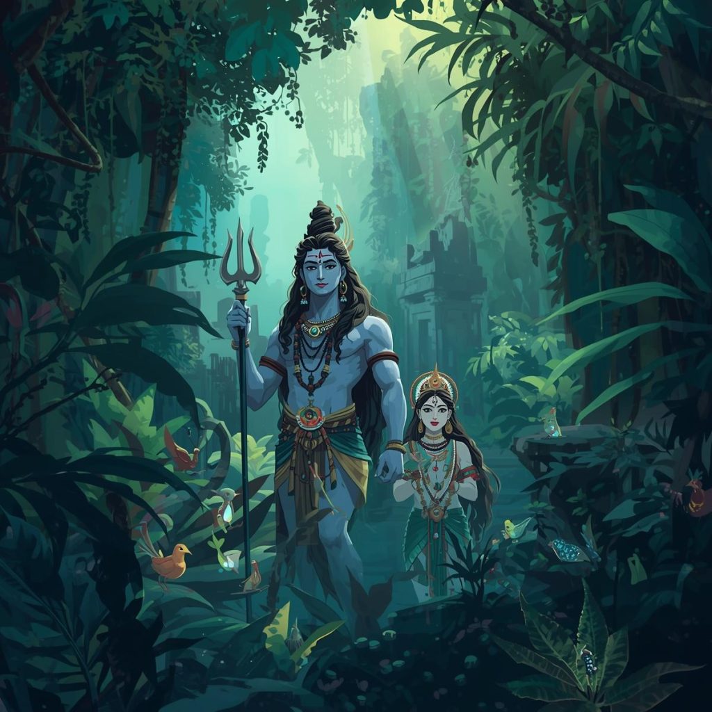 Shiv and Parvati adventuring through a mystical jungle, with vibrant nature and wildlife.