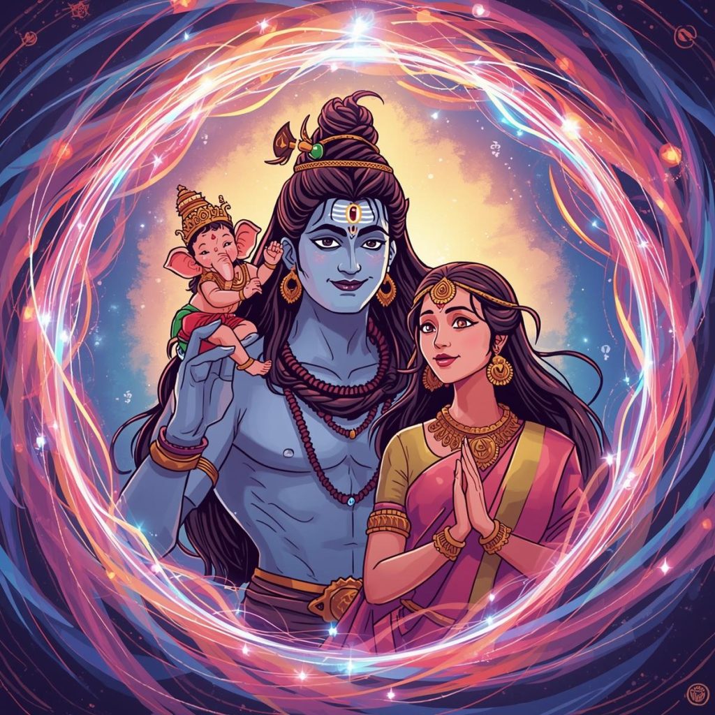 Shiva Parvati and Ganesh surrounded by divine energy and lights.