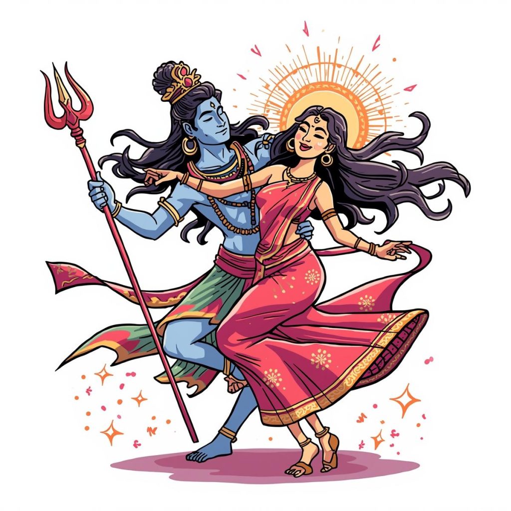 Shiva and Parvati performing a cosmic dance, creating divine energy.