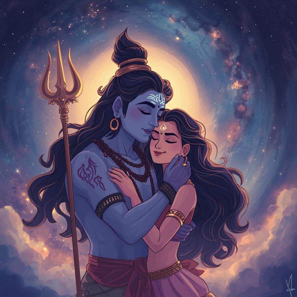Shiva and Parvati sharing a romantic embrace under a starry sky.