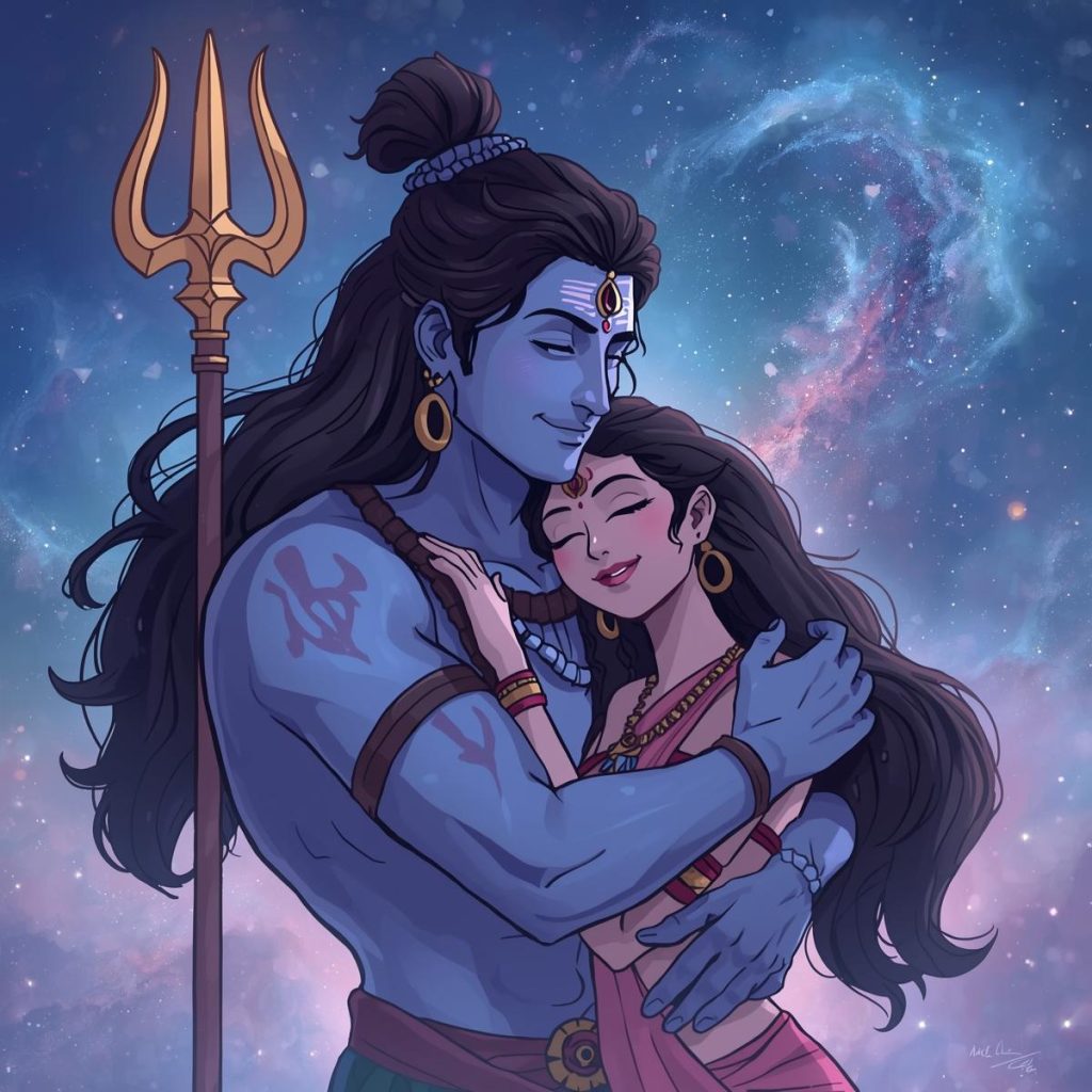 Shiva and Parvati sharing a romantic embrace under a starry sky.