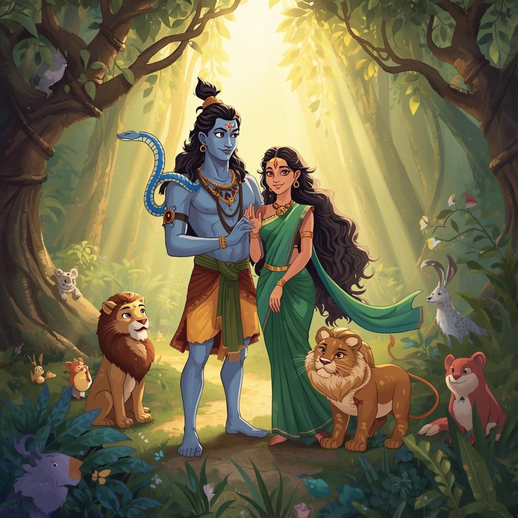 Shiva and Parvati surrounded by divine creatures in a lush forest.