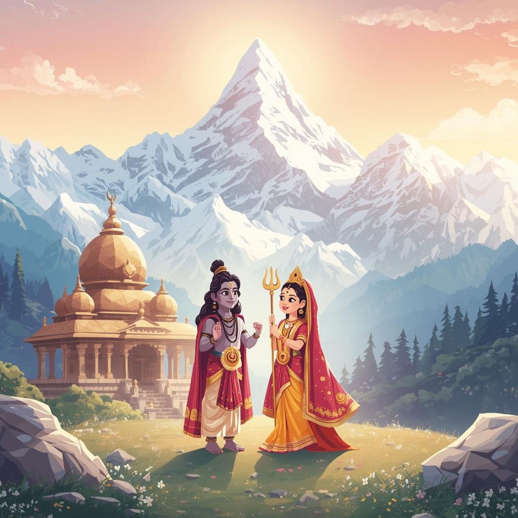 Shiva and Parvati’s wedding ceremony set against the serene backdrop of the Himalayas.