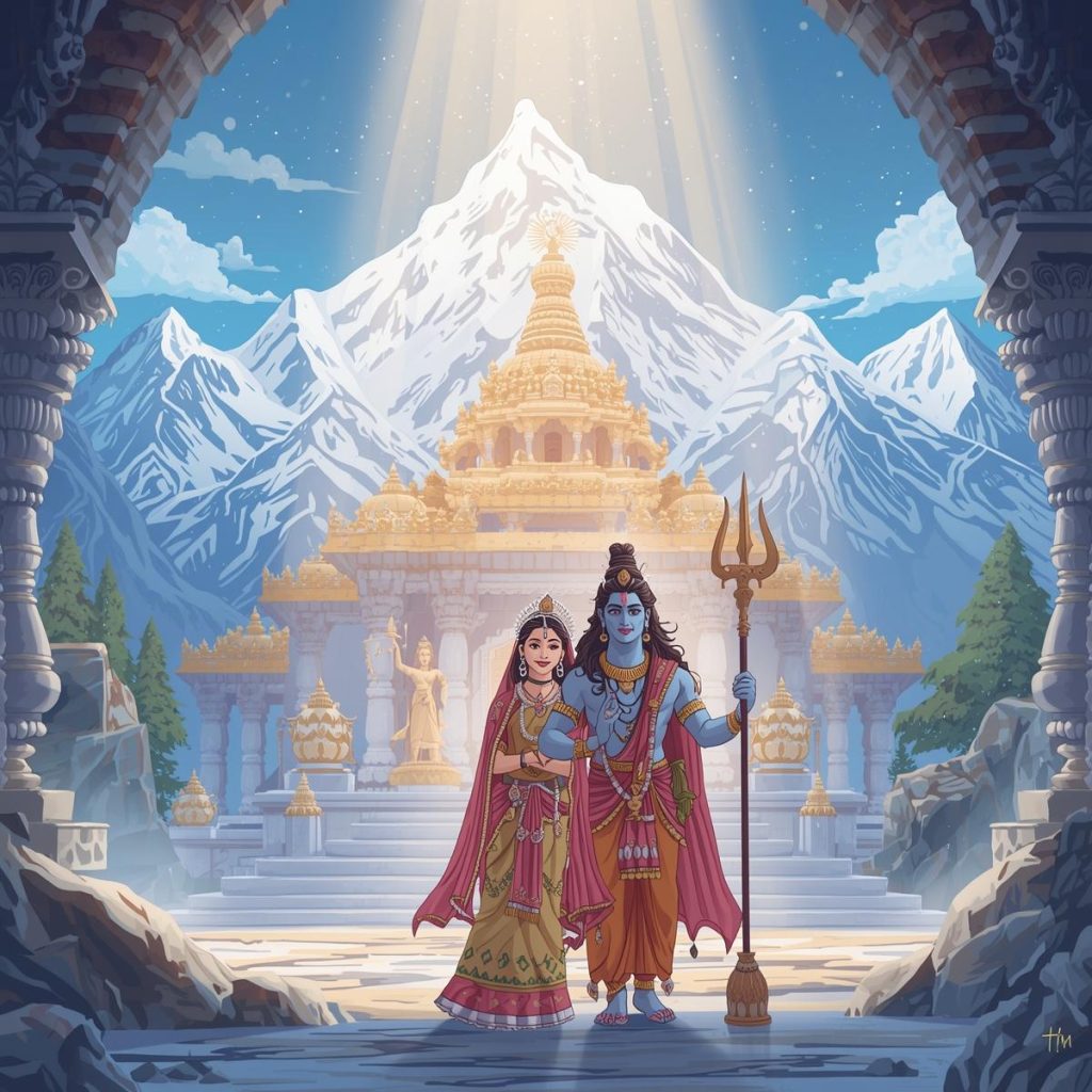 Shiva and Parvati’s wedding ceremony set against the serene backdrop of the Himalayas.