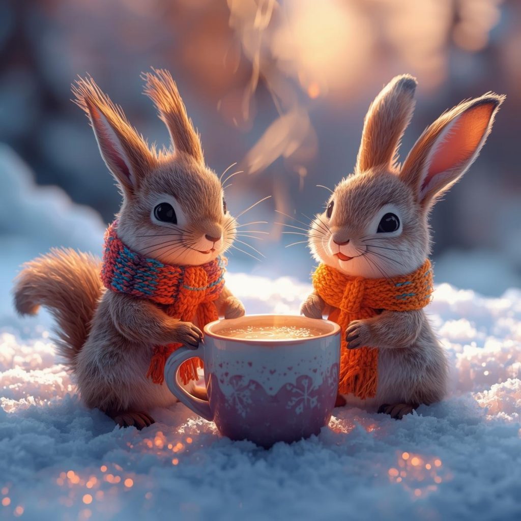 Small animals wrapped in scarves holding mugs of cocoa on a snowy day.