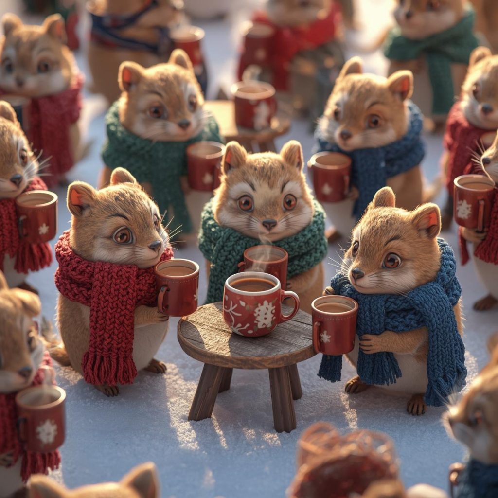 Small animals wrapped in scarves holding mugs of cocoa on a snowy day.