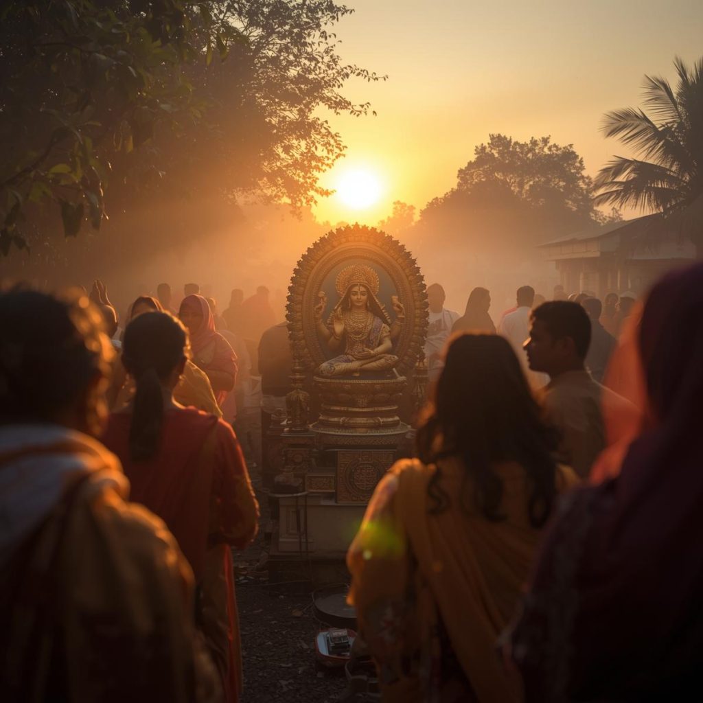 Maa Durga idol outdoors with sunrise and devotees chanting.