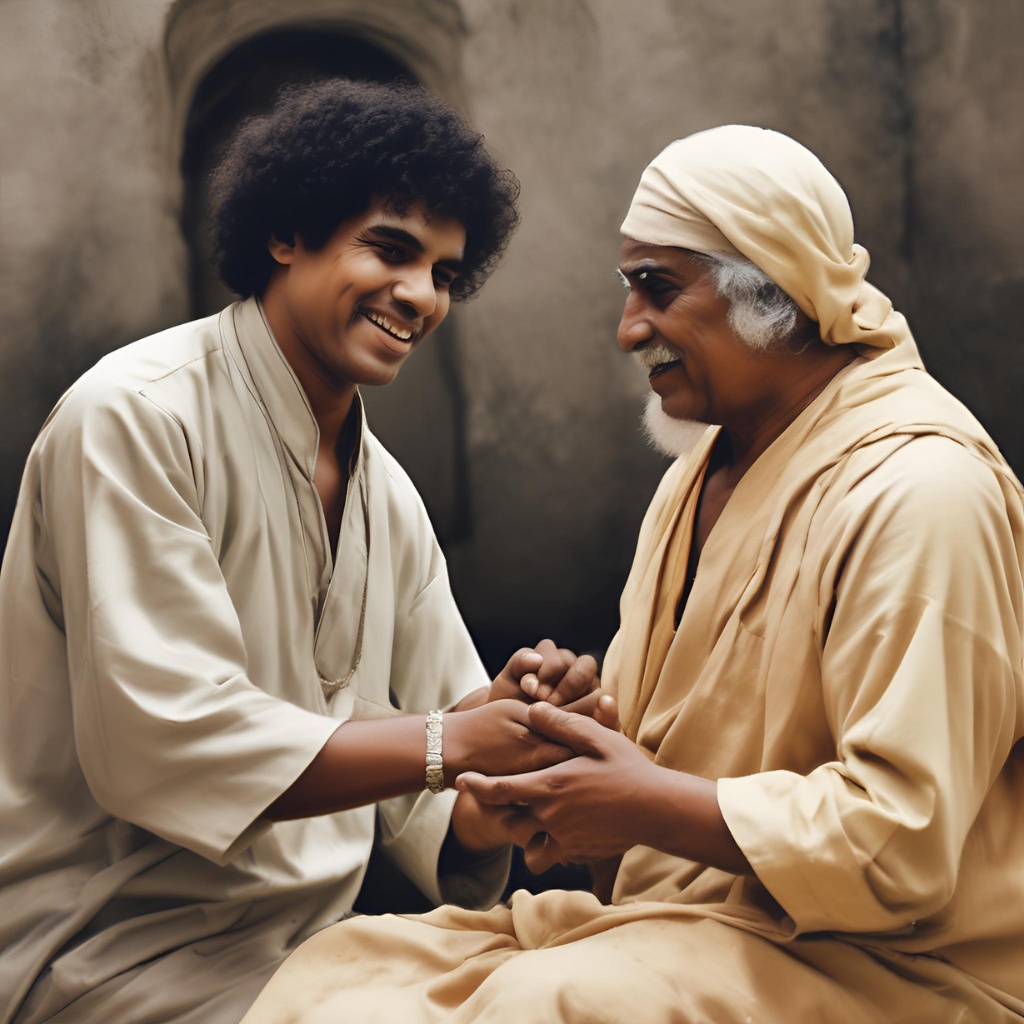 Sri Sathya Sai Baba blessing a young devotee with a warm, loving smile.
