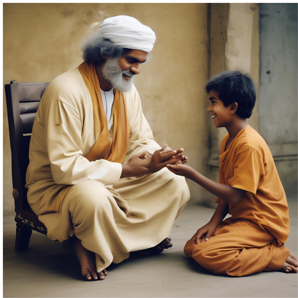 Sri Sathya Sai Baba blessing a young devotee with a warm, loving smile.