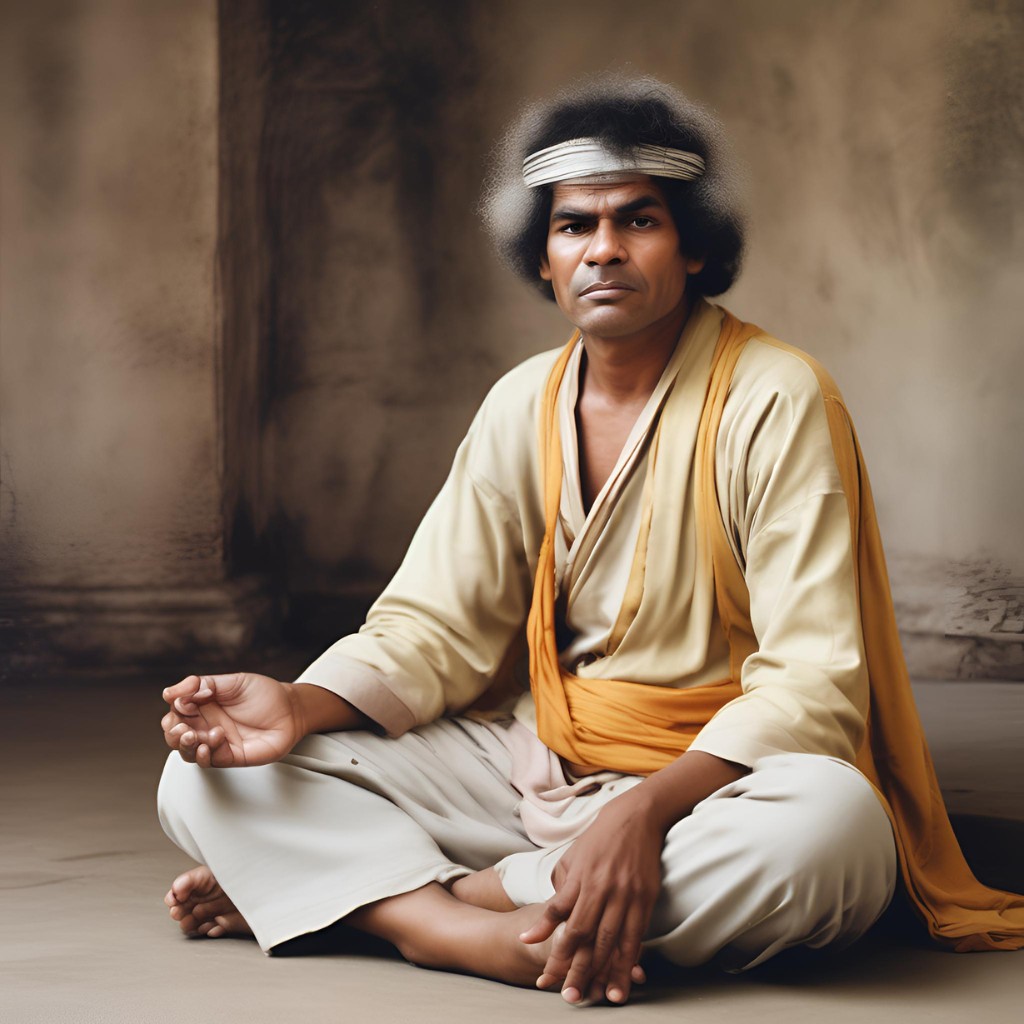 Sri Sathya Sai Baba in meditation with a peaceful and serene expression.