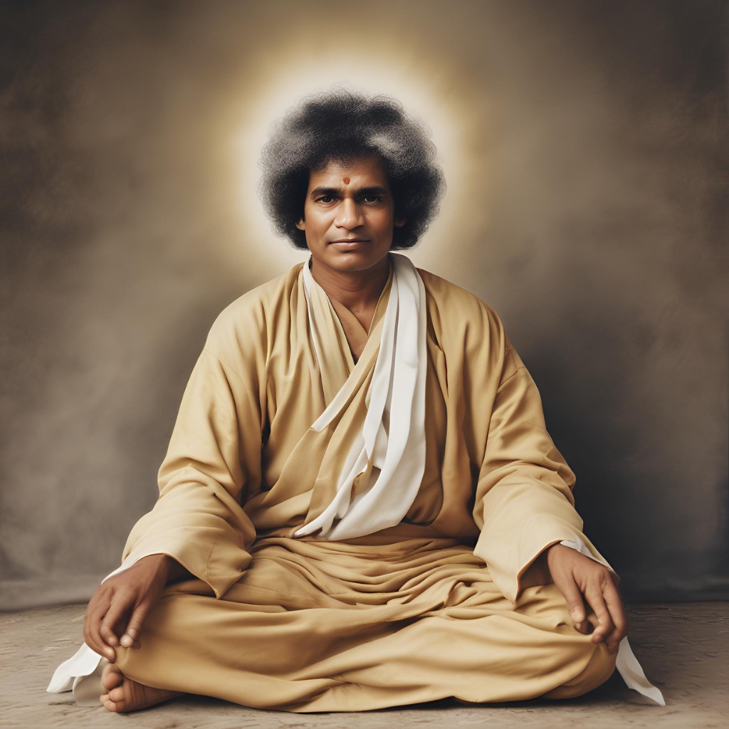 Sri Sathya Sai Baba in meditation with a peaceful and serene expression.