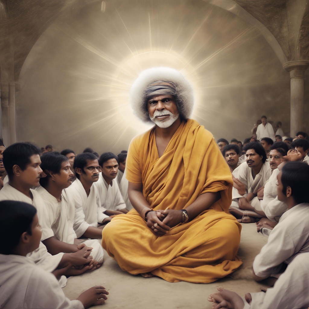 Sri Sathya Sai Baba surrounded by devotees with light emanating from his presence.