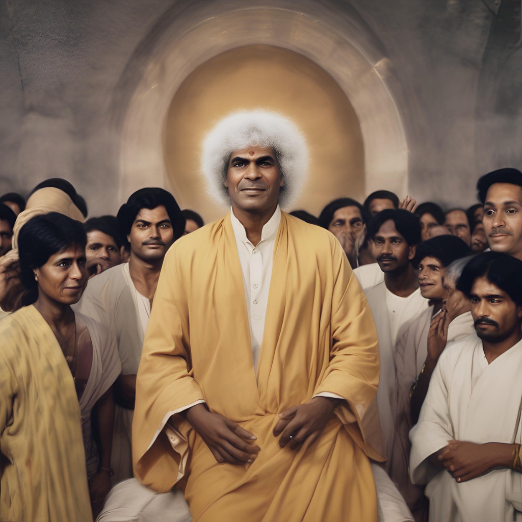 Sri Sathya Sai Baba surrounded by devotees with light emanating from his presence.