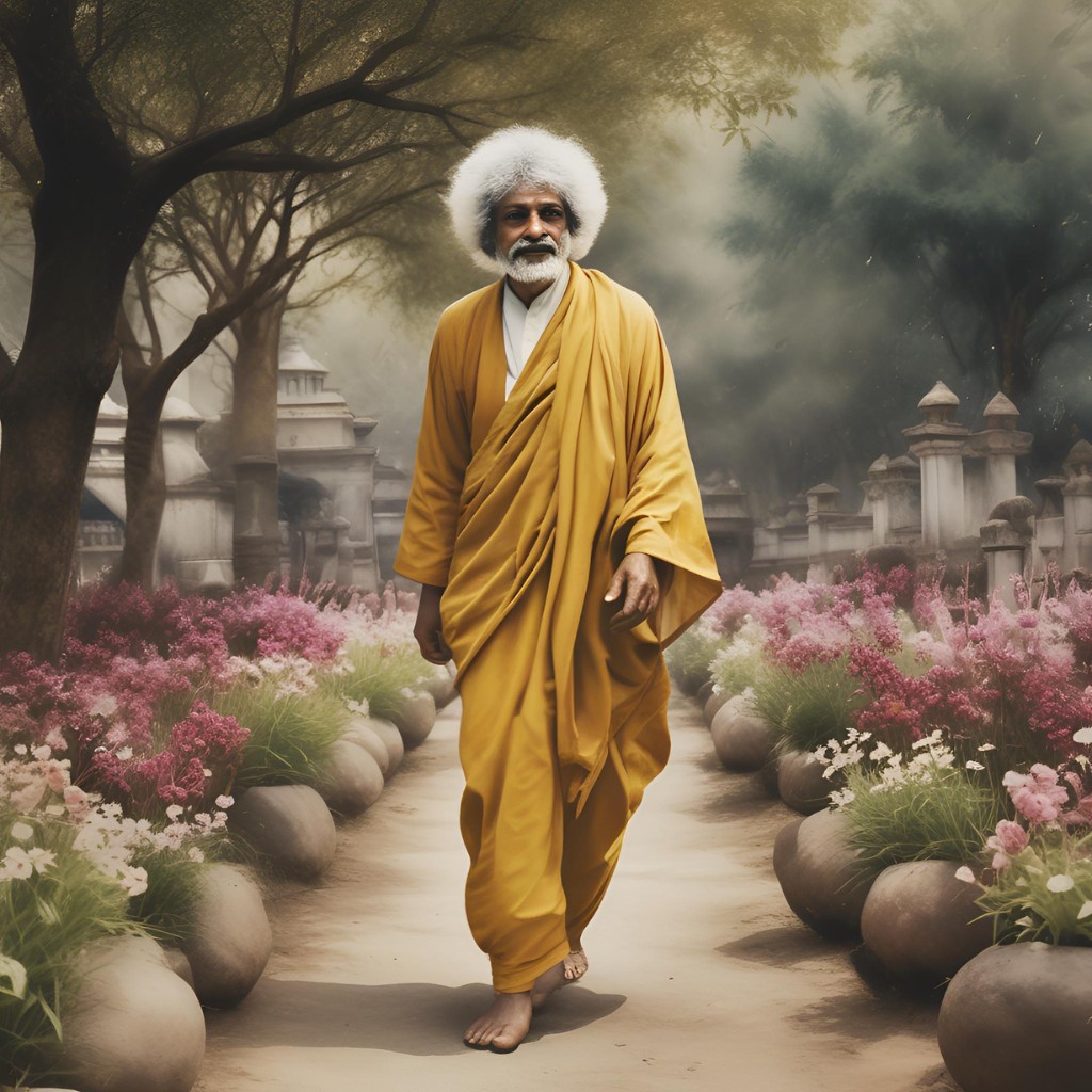 Sri Sathya Sai Baba walking through a lush garden, blessing the nature around him.