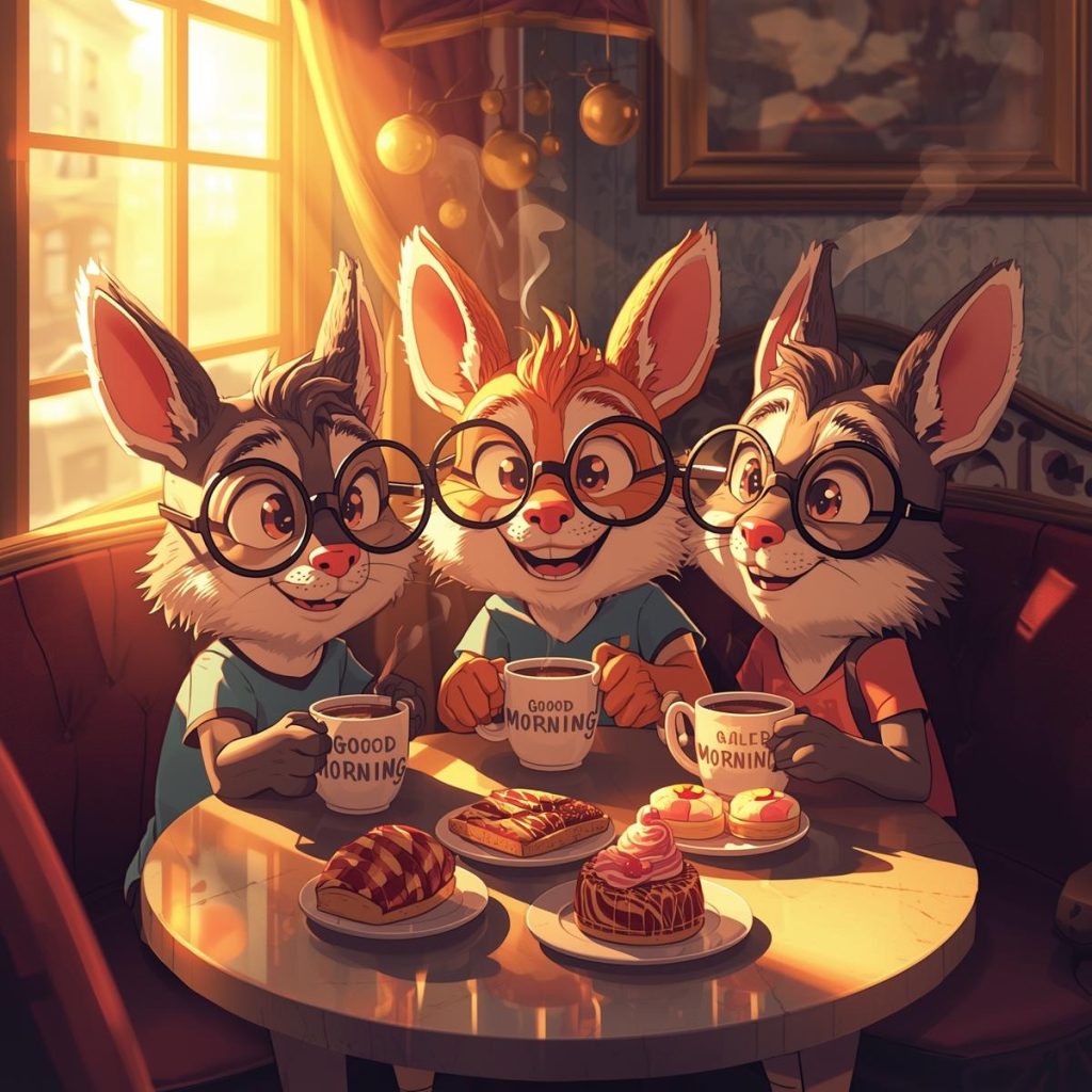 Cheerful Cartoon Characters with Glasses: Good Morning, Quotes & Wishes 2 Three smiling cartoon friends wearing glasses enjoy coffee and pastries at a bright café table in the morning.