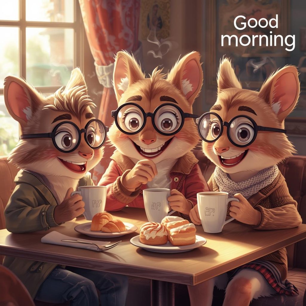 Cheerful Cartoon Characters with Glasses: Good Morning, Quotes & Wishes 3 Three smiling cartoon friends wearing glasses enjoy coffee and pastries at a bright café table in the morning.