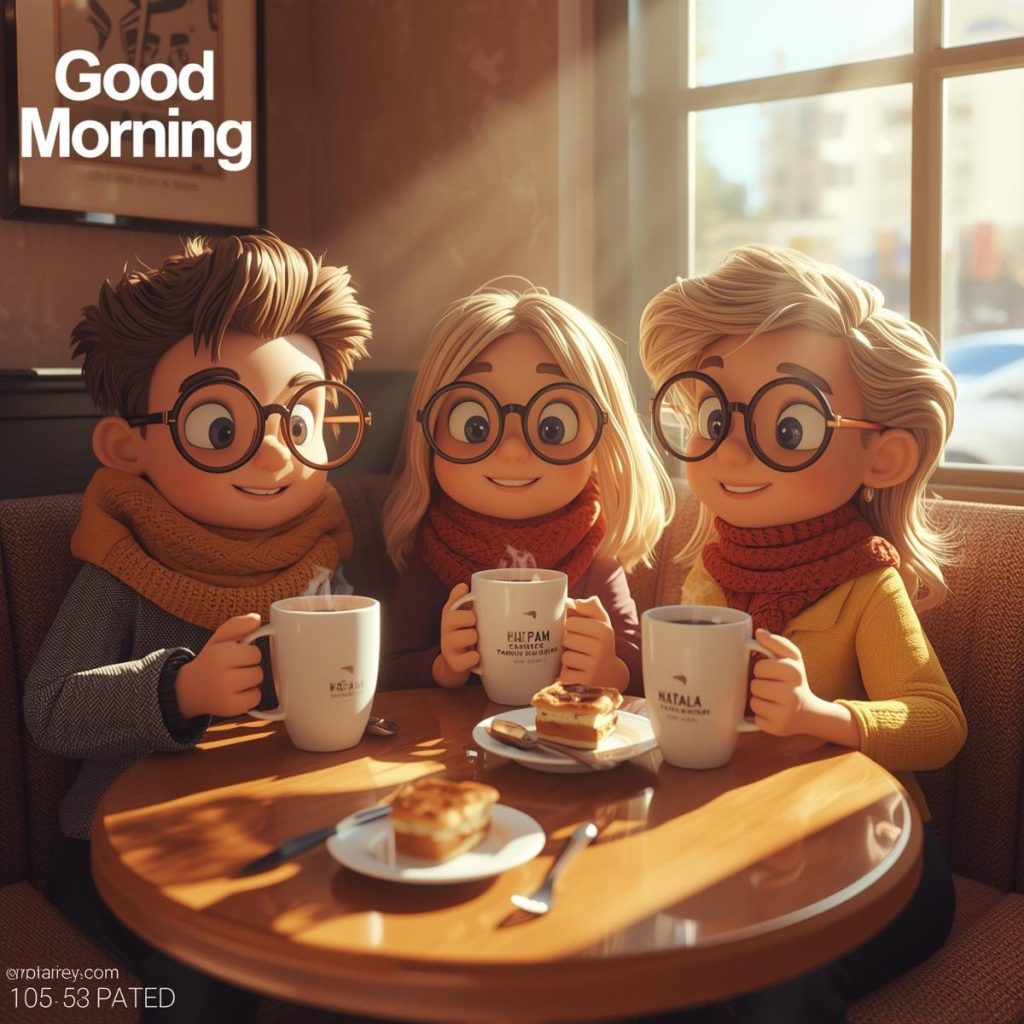 Cheerful Cartoon Characters with Glasses: Good Morning, Quotes & Wishes 4 Three smiling cartoon friends wearing glasses enjoy coffee and pastries at a bright café table in the morning.