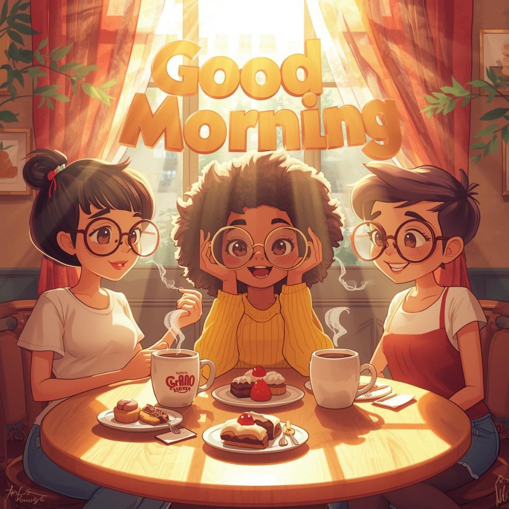 Cheerful Cartoon Characters with Glasses: Good Morning, Quotes & Wishes 5 Three smiling cartoon friends wearing glasses enjoy coffee and pastries at a bright café table in the morning.