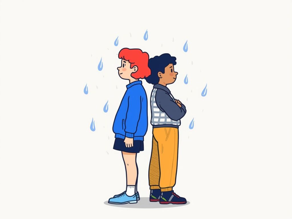 Two people standing back-to-back while rain falls between them