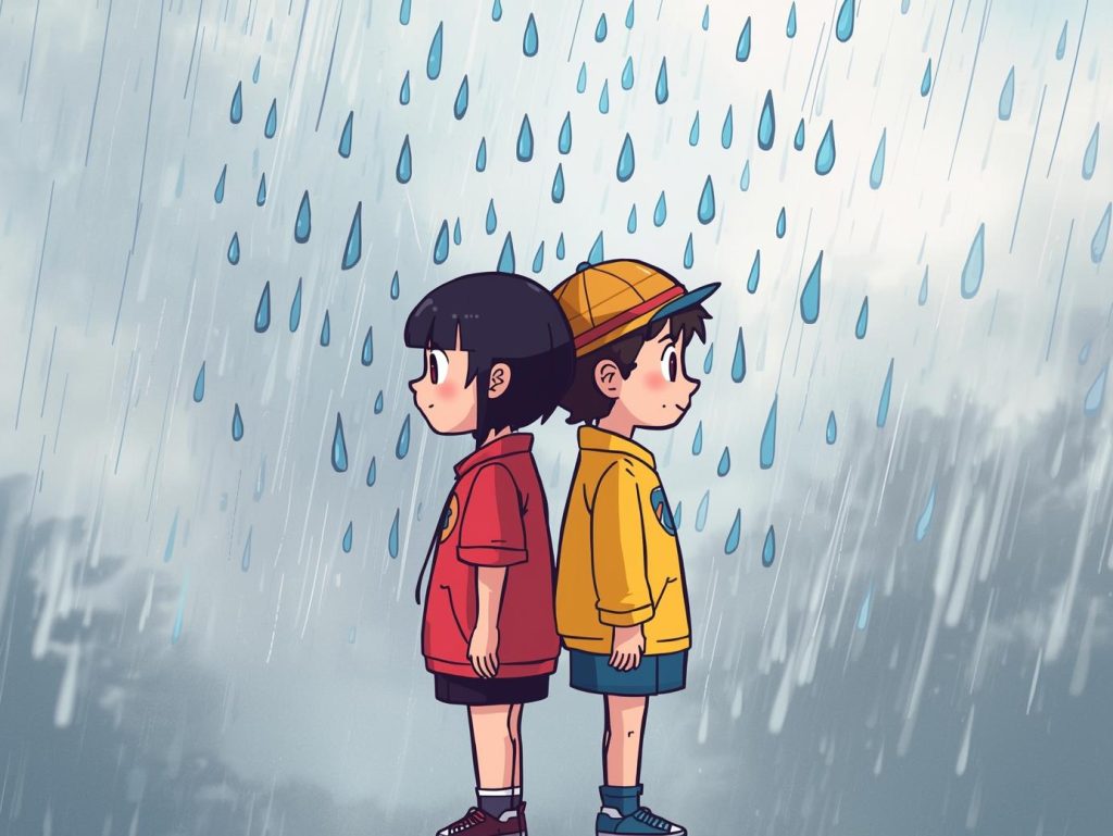 Two people standing back-to-back while rain falls between them