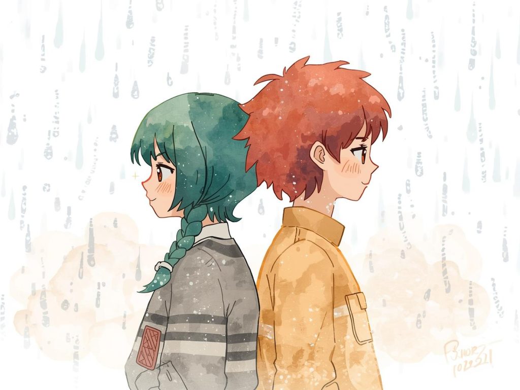 Two people standing back-to-back while rain falls between them