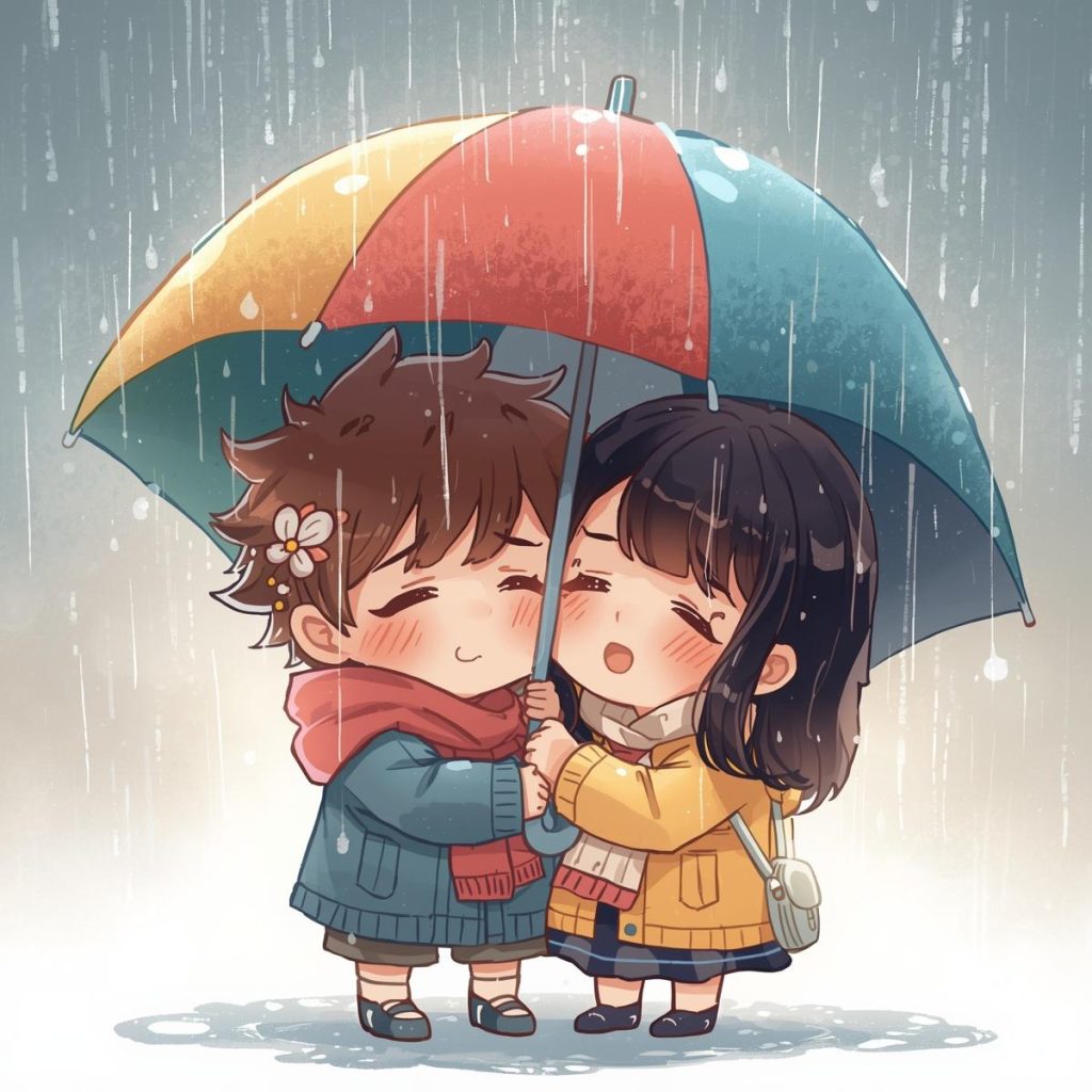 Two people under an umbrella on a rainy day, blushing and close together
