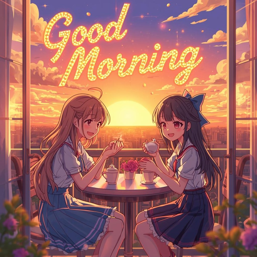 Heartwarming 50+ Good Morning Sister Images & Quotes to Brighten Her Day 15 Two sisters enjoy morning tea together on a balcony as the sun rises behind them.