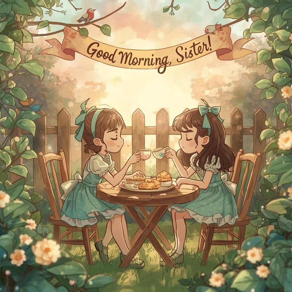 Heartwarming 50+ Good Morning Sister Images & Quotes to Brighten Her Day 13 Two sisters enjoy tea and biscuits at a garden table at sunrise while a ribbon banner overhead reads “Good Morning, Sister