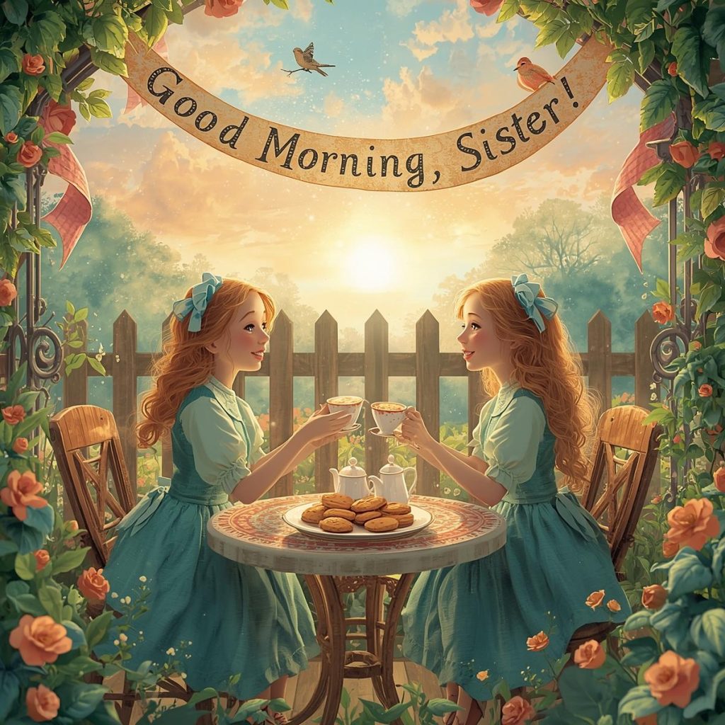 Heartwarming 50+ Good Morning Sister Images & Quotes to Brighten Her Day 10 Two sisters enjoy tea and biscuits at a garden table at sunrise while a ribbon banner overhead reads “Good Morning, Sister