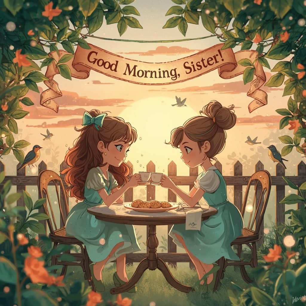 Heartwarming 50+ Good Morning Sister Images & Quotes to Brighten Her Day 11 Two sisters enjoy tea and biscuits at a garden table at sunrise while a ribbon banner overhead reads “Good Morning, Sister