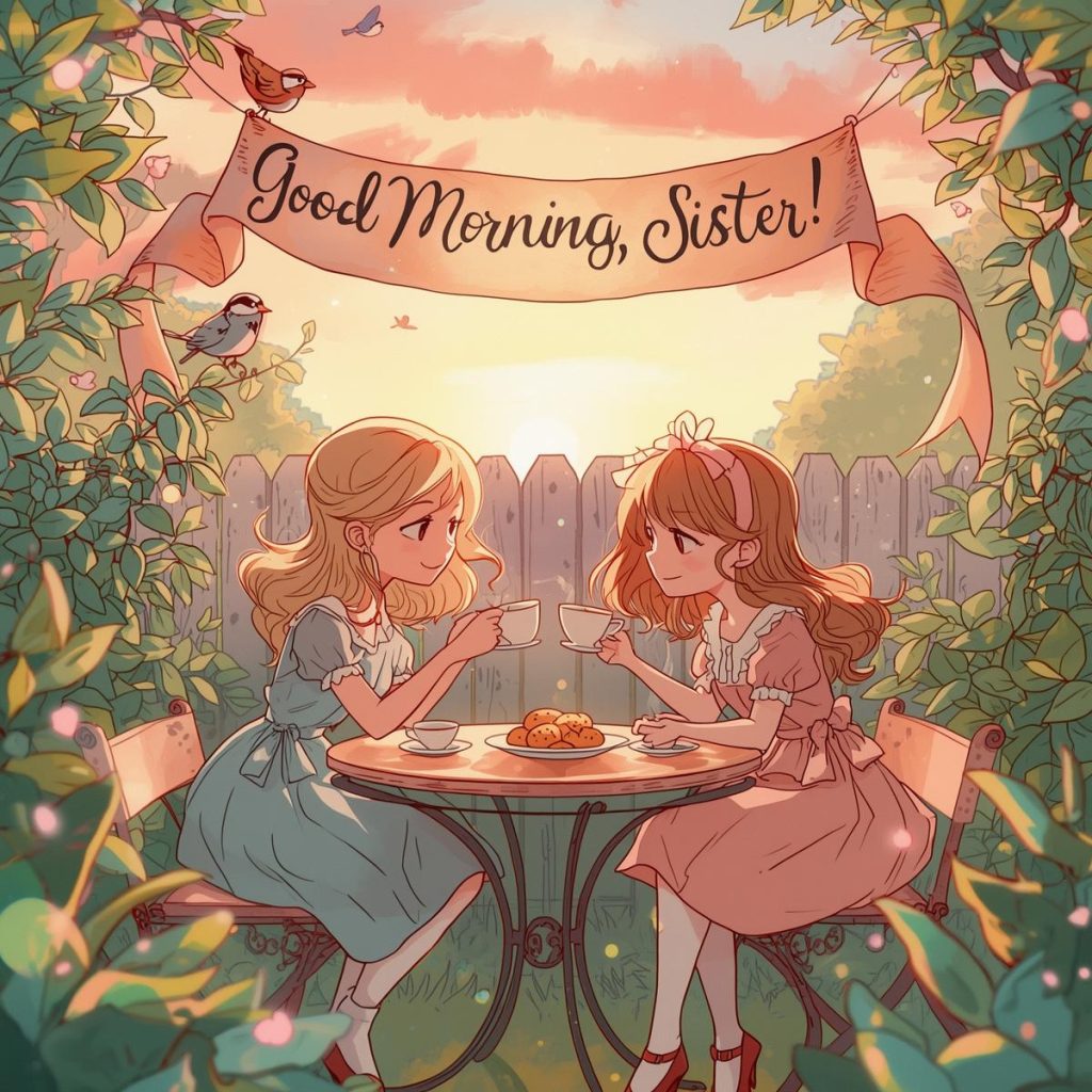 Heartwarming 50+ Good Morning Sister Images & Quotes to Brighten Her Day 12 Two sisters enjoy tea and biscuits at a garden table at sunrise while a ribbon banner overhead reads “Good Morning, Sister