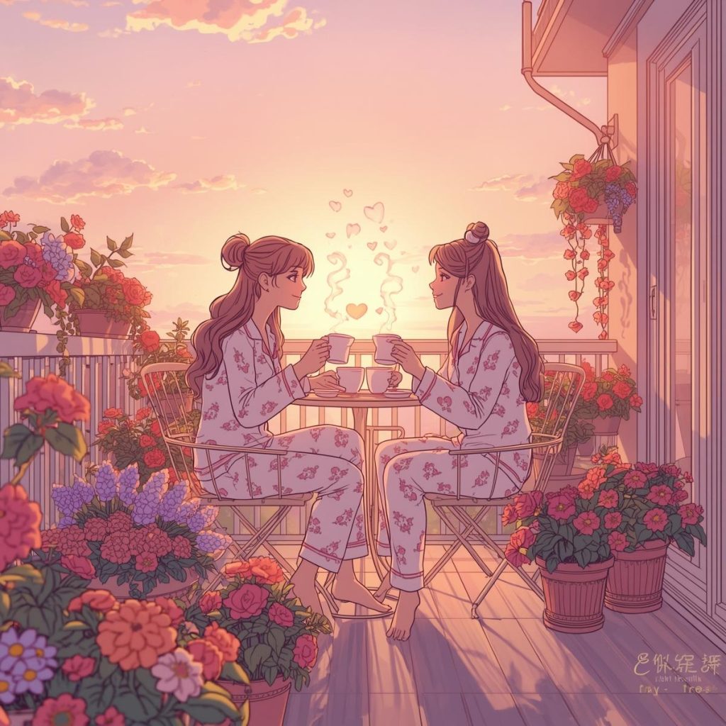Heartwarming 50+ Good Morning Sister Images & Quotes to Brighten Her Day 23 Two sisters in pajamas clink tea mugs on a balcony at sunrise with flowers and soft pastel skies.