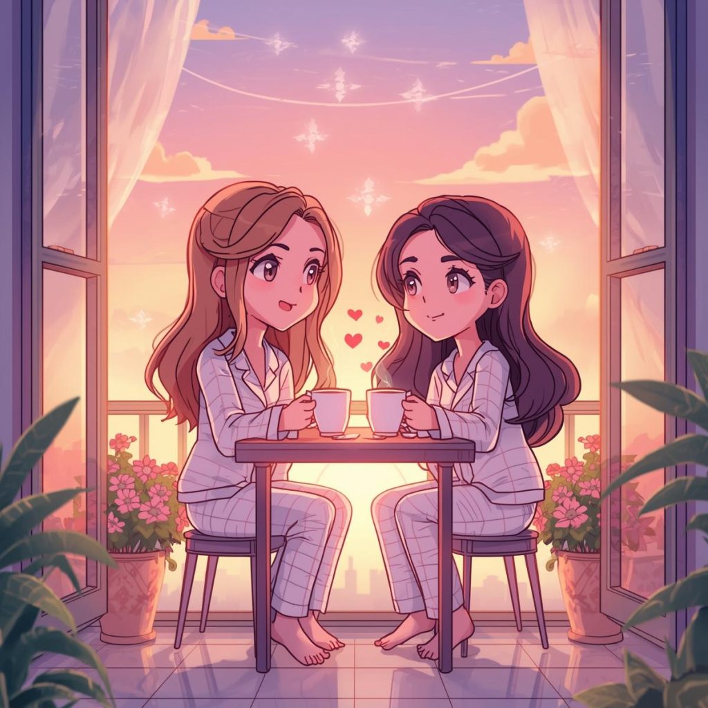 Heartwarming 50+ Good Morning Sister Images & Quotes to Brighten Her Day 24 Two sisters in pajamas clink tea mugs on a balcony at sunrise with flowers and soft pastel skies.