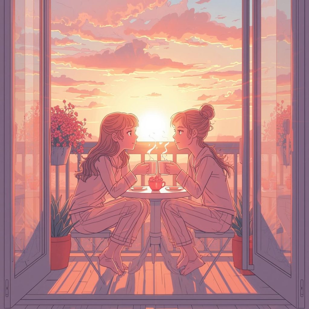 Heartwarming 50+ Good Morning Sister Images & Quotes to Brighten Her Day 25 Two sisters in pajamas clink tea mugs on a balcony at sunrise with flowers and soft pastel skies.