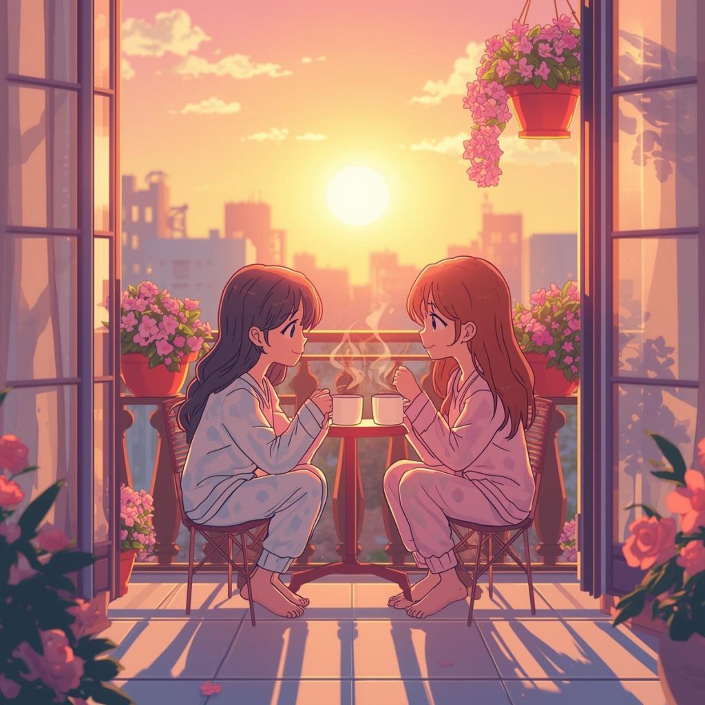 Heartwarming 50+ Good Morning Sister Images & Quotes to Brighten Her Day 22 Two sisters in pajamas clink tea mugs on a balcony at sunrise with flowers and soft pastel skies.