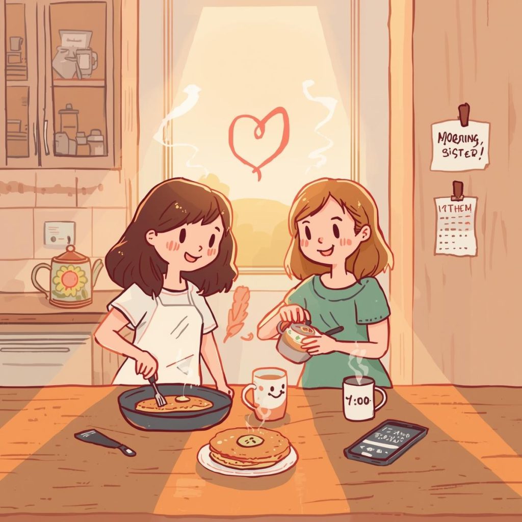 Heartwarming 50+ Good Morning Sister Images & Quotes to Brighten Her Day 5 Two sisters share a warm breakfast in a sunlit kitchen, with pancakes, tea, and a sticky note that says “Good Morning, Sister