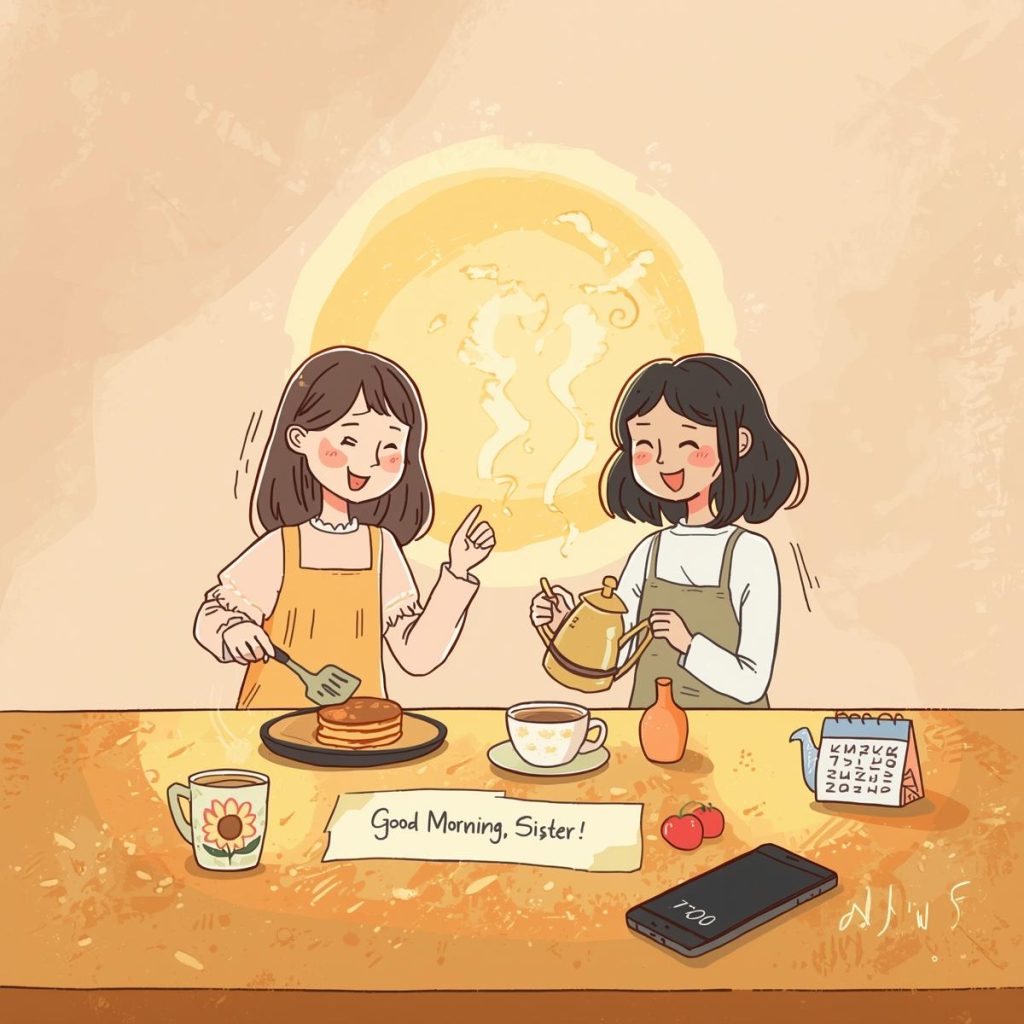 Heartwarming 50+ Good Morning Sister Images & Quotes to Brighten Her Day 2 Two sisters share a warm breakfast in a sunlit kitchen, with pancakes, tea, and a sticky note that says “Good Morning, Sister