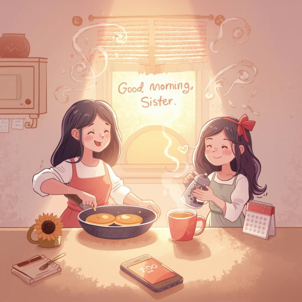 Heartwarming 50+ Good Morning Sister Images & Quotes to Brighten Her Day 3 Two sisters share a warm breakfast in a sunlit kitchen, with pancakes, tea, and a sticky note that says “Good Morning, Sister