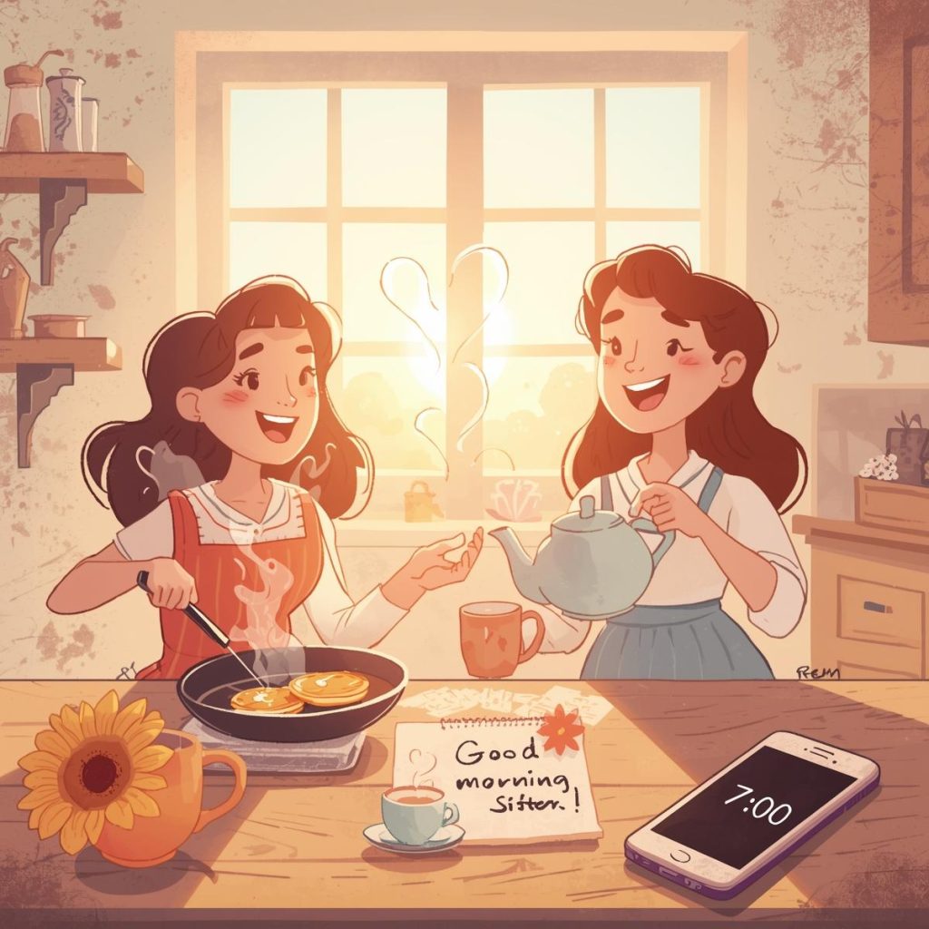 Heartwarming 50+ Good Morning Sister Images & Quotes to Brighten Her Day 4 Two sisters share a warm breakfast in a sunlit kitchen, with pancakes, tea, and a sticky note that says “Good Morning, Sister