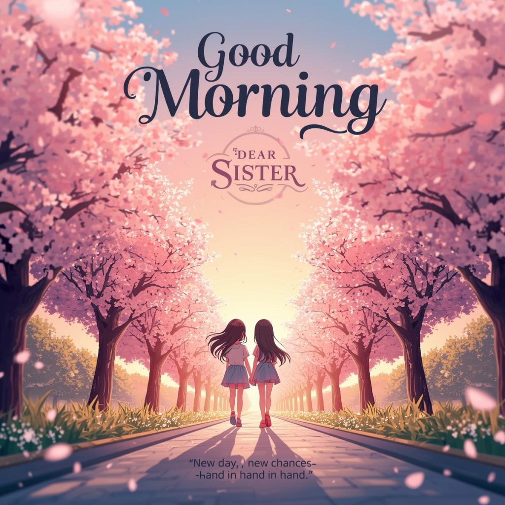 Heartwarming 50+ Good Morning Sister Images & Quotes to Brighten Her Day 33 Two sisters stroll under blooming trees at sunrise with petals floating around them.